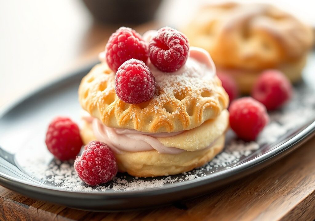 Biscuitrol met frambozenroom — AI-gegenereerde illustratie