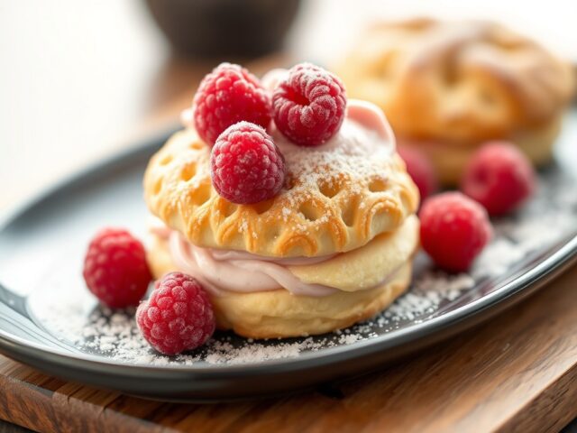 Biscuitrol met frambozenroom — AI-gegenereerde illustratie