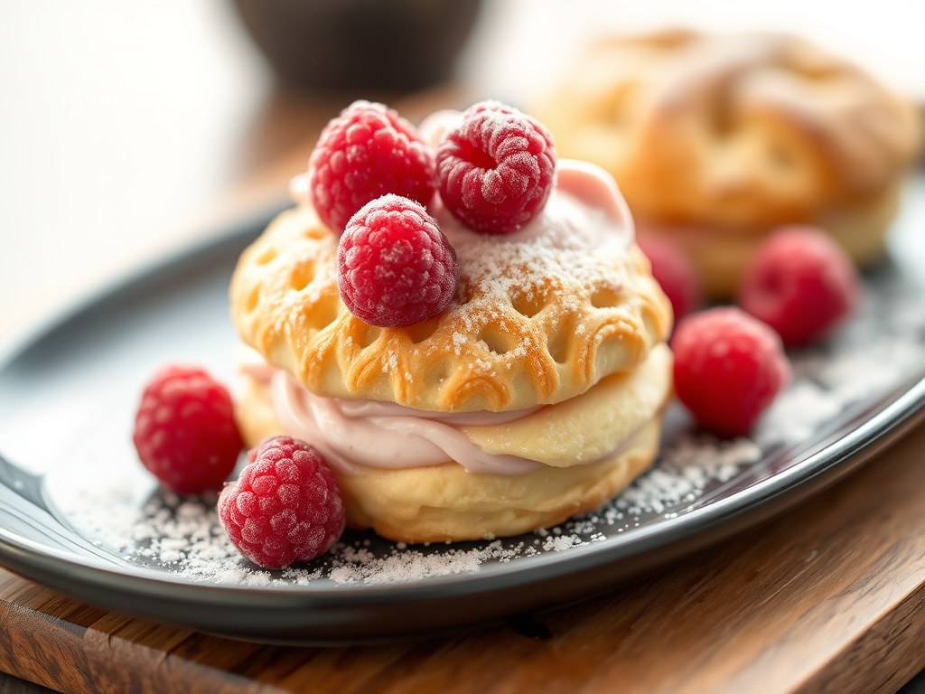 Biscuitrol met frambozenroom, AI-gegenereerde illustratie