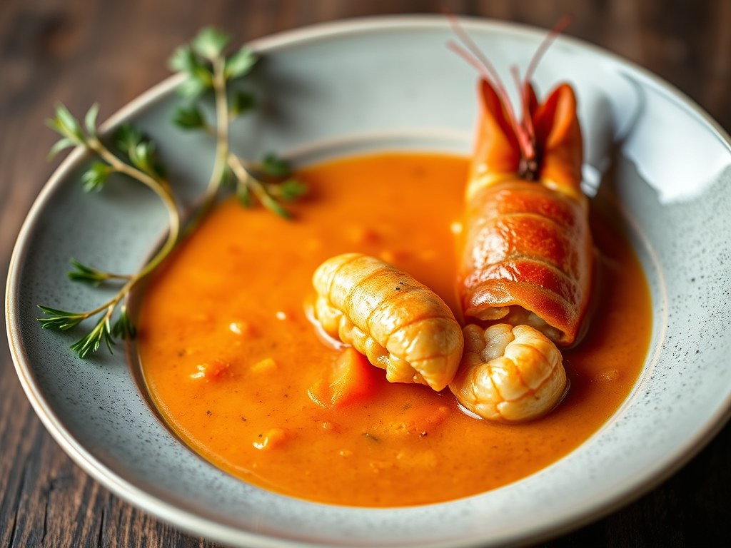 Bisque van langoustines en wortel, AI-gegenereerde illustratie