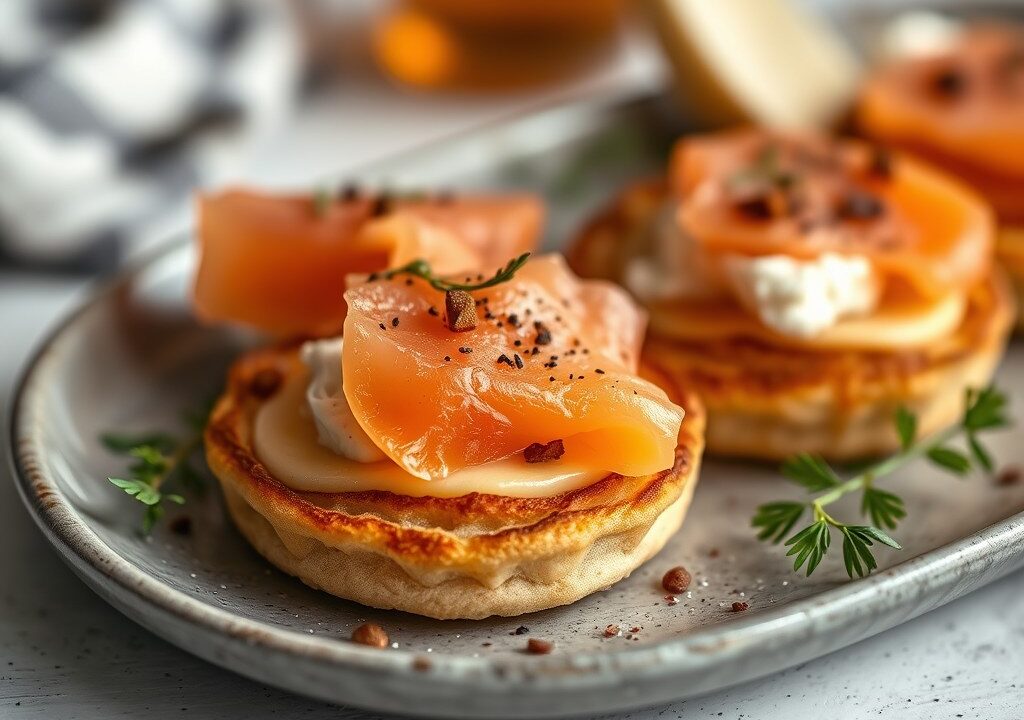 Blini’s met verse zalm, camembert, rode peper en een limoensausje — AI-gegenereerde illustratie