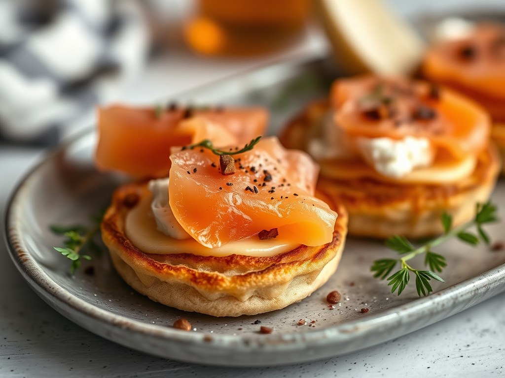 Blini’s met verse zalm, camembert, rode peper en een limoensausje, AI-gegenereerde illustratie
