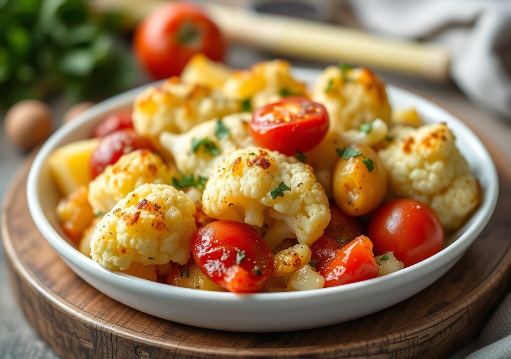 Bloemkool, aardappel & tomaten gratin — AI-gegenereerde illustratie