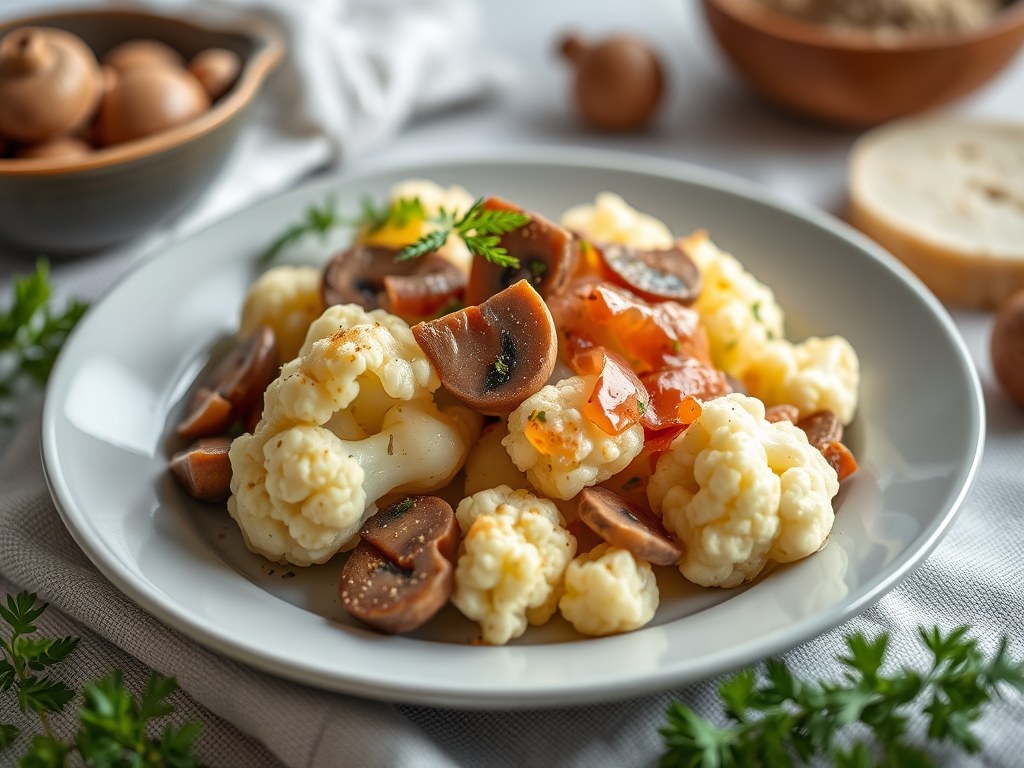 Bloemkool met champignons en ham, AI-gegenereerde illustratie