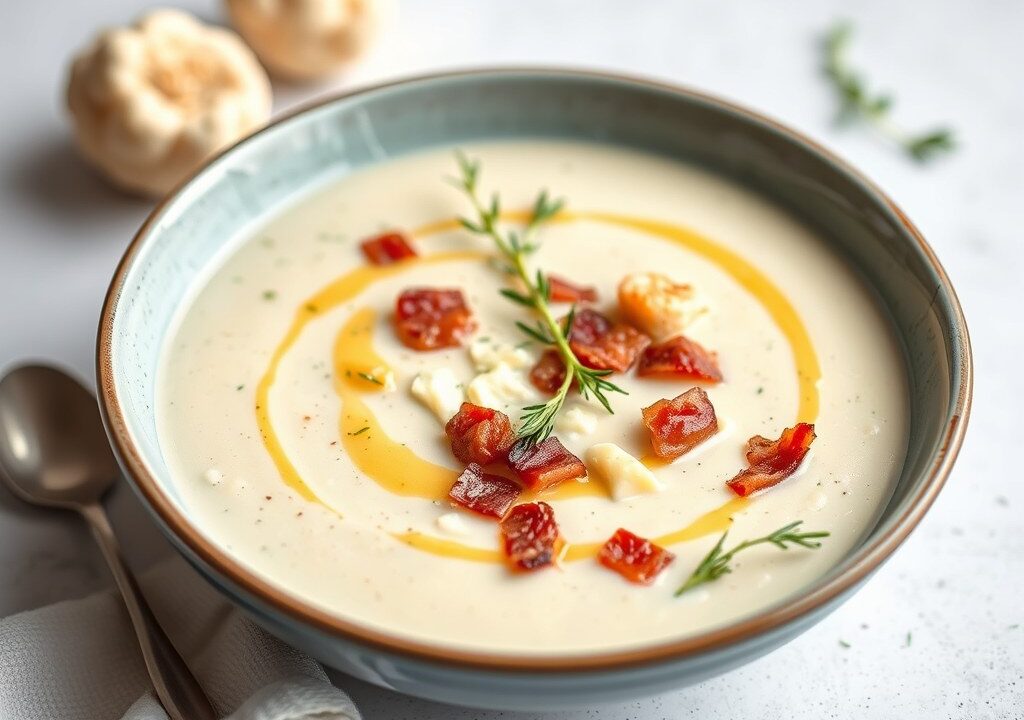 Bloemkoolsoep met spek en gorgonzola — AI-gegenereerde illustratie