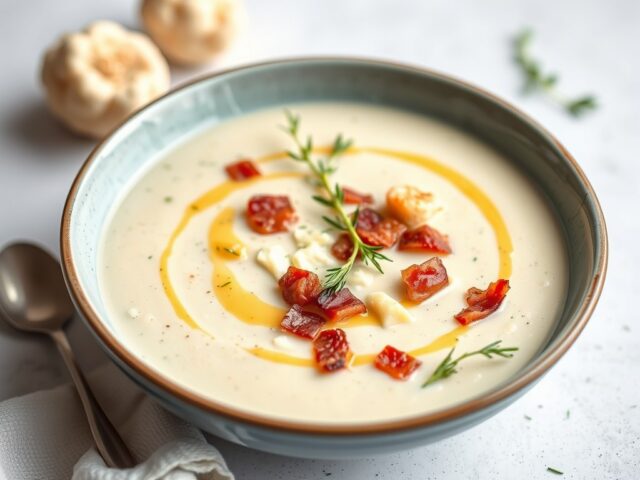 Bloemkoolsoep met spek en gorgonzola — AI-gegenereerde illustratie