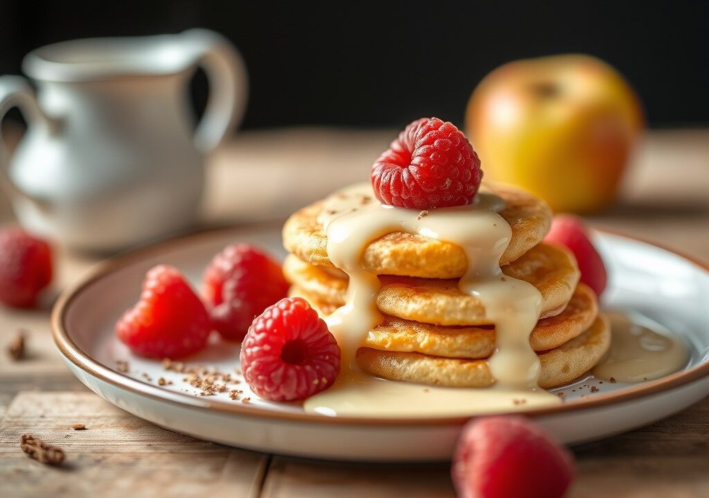 Boekweitflensjes met appel, rozijnen en vanillesaus — AI-gegenereerde illustratie