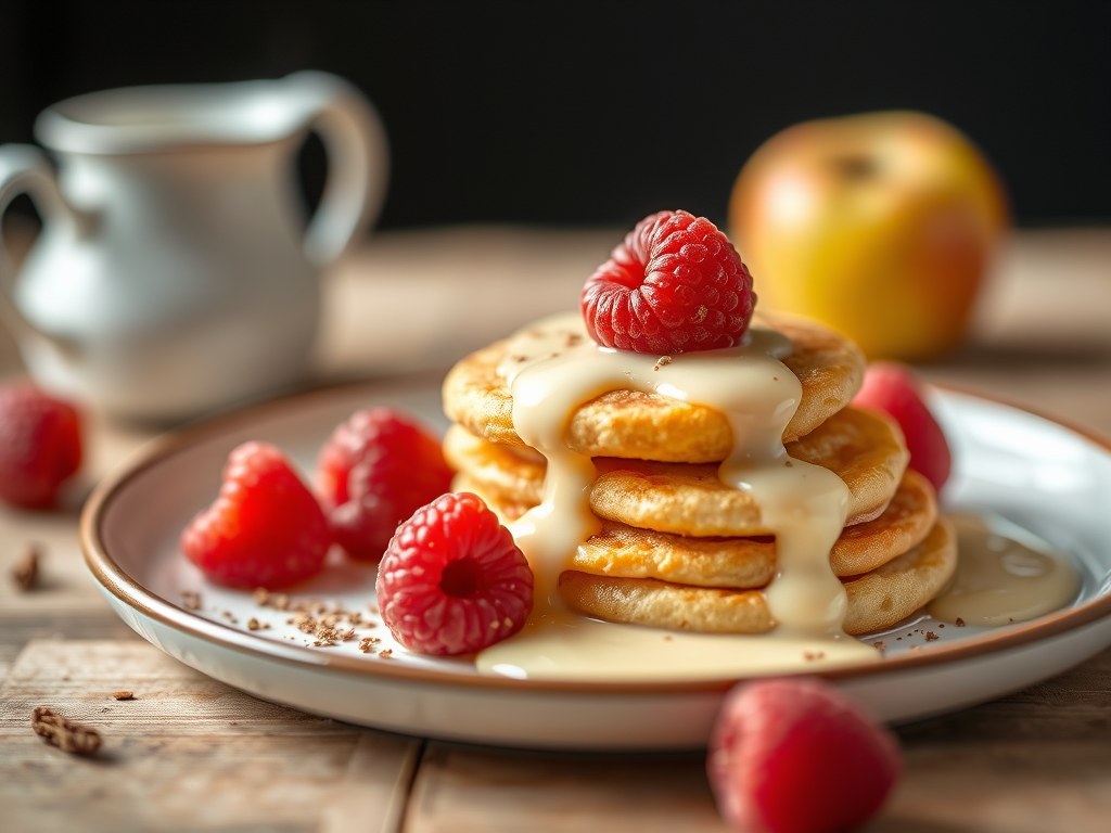 Boekweitflensjes met appel, rozijnen en vanillesaus, AI-gegenereerde illustratie