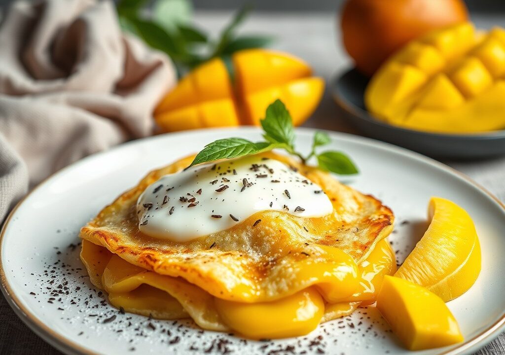 Boekweitpannenkoeken met verse mango, AI-gegenereerde illustratie