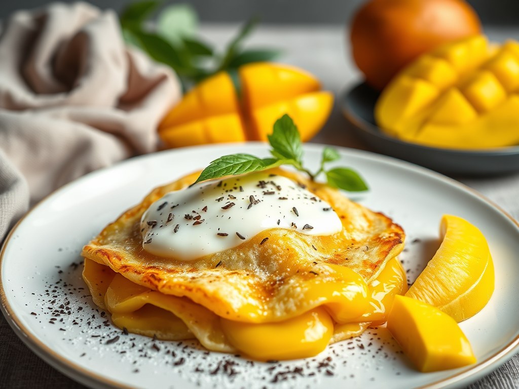 Boekweitpannenkoeken met verse mango, AI-gegenereerde illustratie