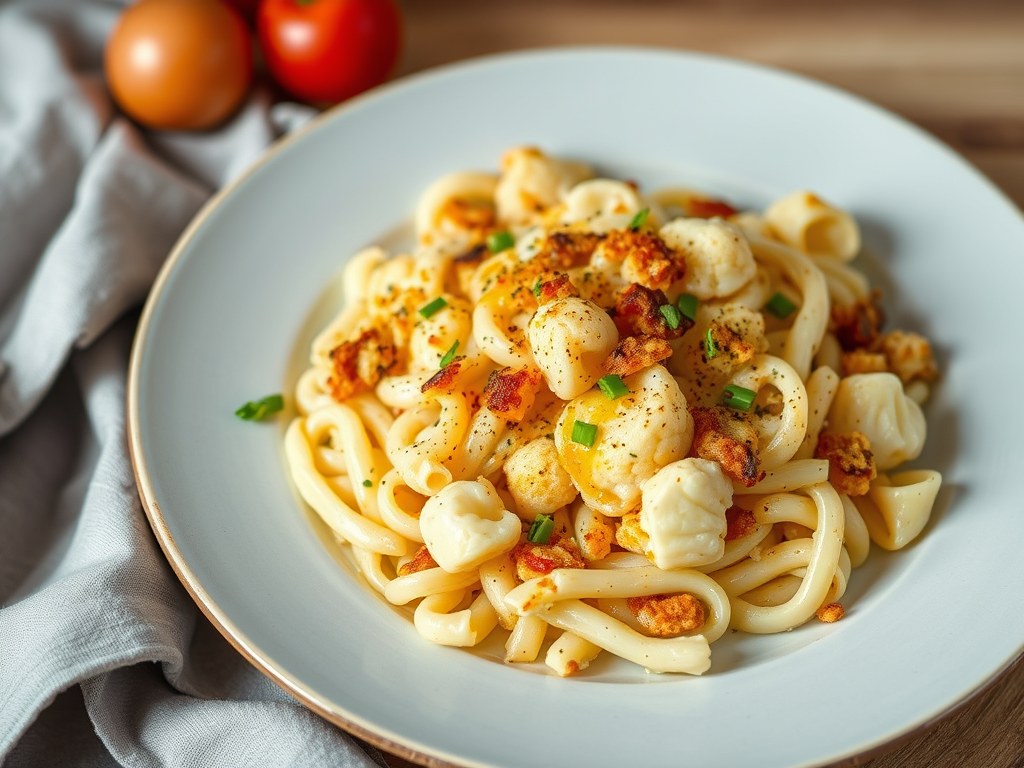 Boemkool-Kaas Schotel (Bloemkool als Pasta Vervanger), AI-gegenereerde illustratie