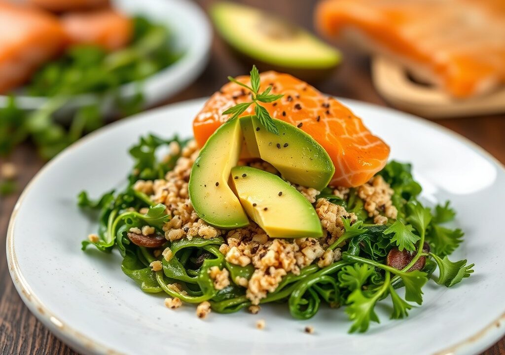 Boerenkoolsalade met quinoa, avocado, granaatappelpitjes en zalm — AI-gegenereerde illustratie