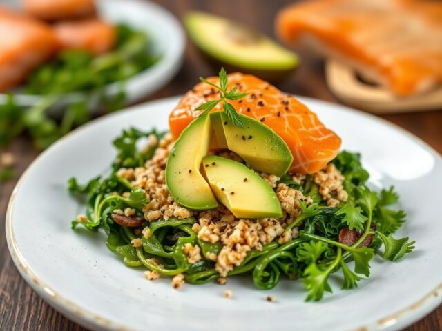 Boerenkoolsalade met quinoa, avocado, granaatappelpitjes en zalm — AI-gegenereerde illustratie
