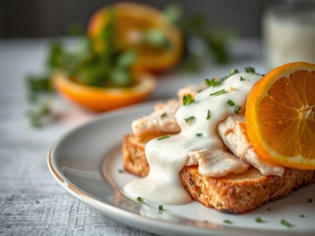 Boerenstokbrood met gepocheerde kip, sinaasappel en yoghurtdressing — AI-gegenereerde illustratie