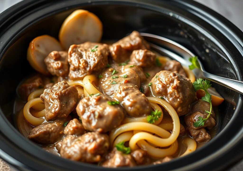 Boeuf Stroganoff uit de Slow Cooker — AI-gegenereerde illustratie