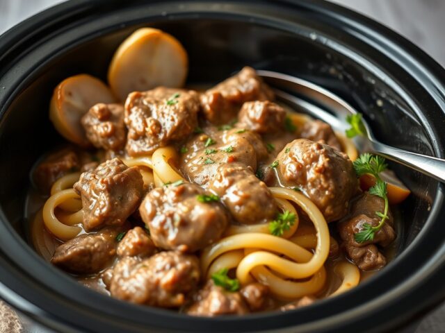 Boeuf Stroganoff uit de Slow Cooker — AI-gegenereerde illustratie
