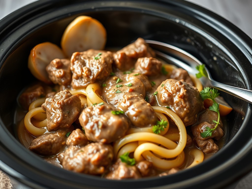 Boeuf Stroganoff uit de Slow Cooker, AI-gegenereerde illustratie