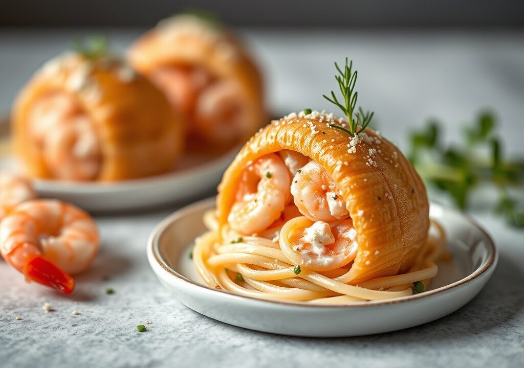 Bonbon van zalm met garnalenpasta — AI-gegenereerde illustratie