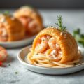 Bonbon van zalm met garnalenpasta