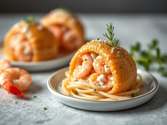 Bonbon van zalm met garnalenpasta — AI-gegenereerde illustratie