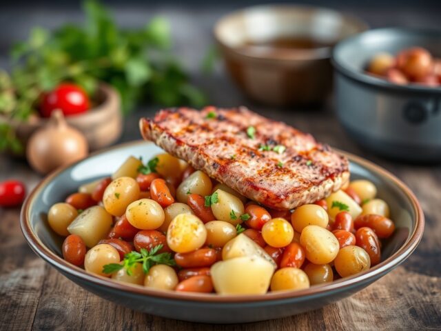 Bonen-aardappelsalade met gegrilde lamsfilet — AI-gegenereerde illustratie