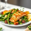 Bonensalade met pesto, gegrilde zalm en gebakken aardappeltjes