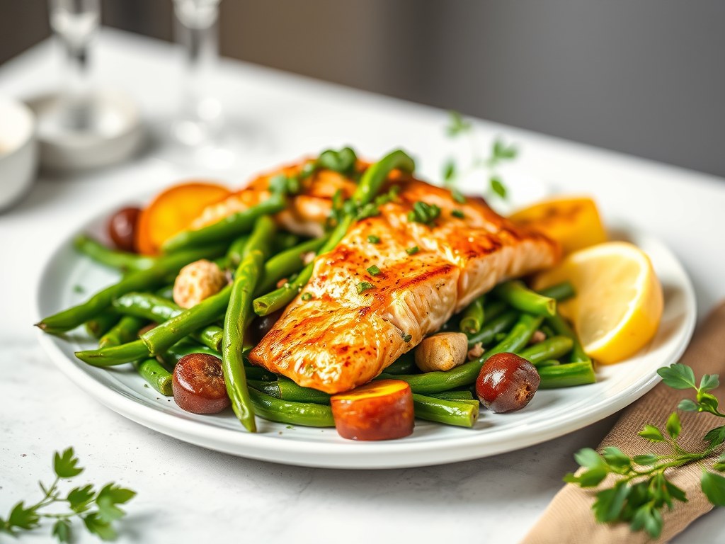 Bonensalade met pesto, gegrilde zalm en gebakken aardappeltjes, AI-gegenereerde illustratie