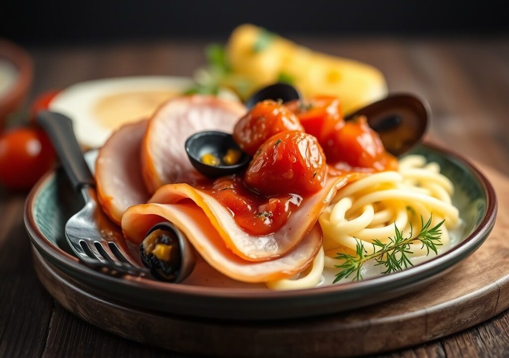 Boterham met mosselen en tomatentartaar, AI-gegenereerde illustratie