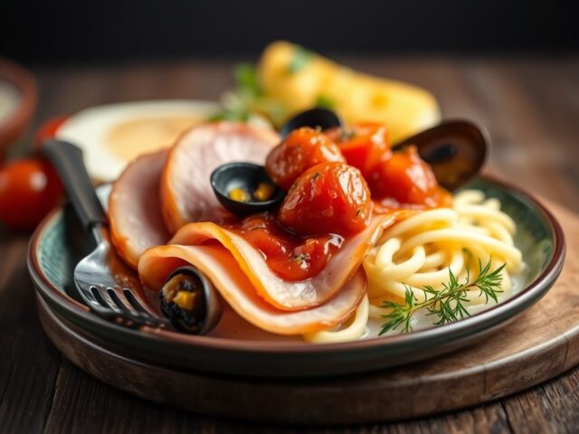 Boterham met mosselen en tomatentartaar — AI-gegenereerde illustratie