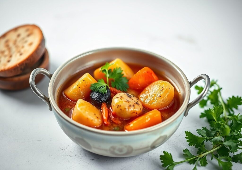 Bouillabaisse met saffraan en stokbrood, AI-gegenereerde illustratie