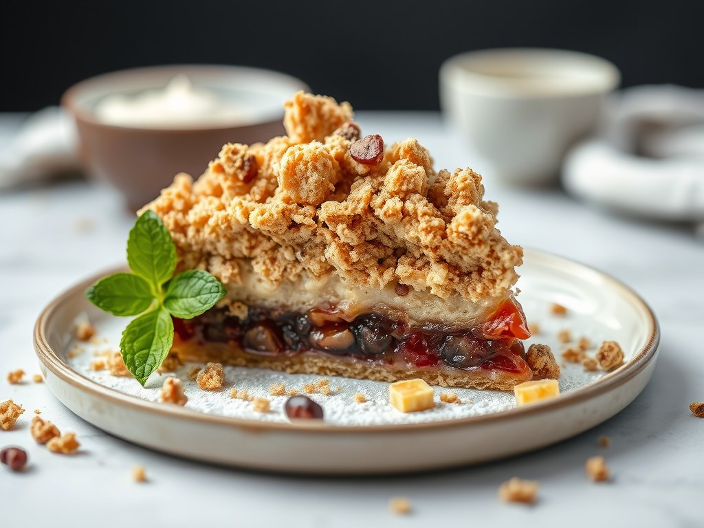 Bramentaart met crumbles, AI-gegenereerde illustratie