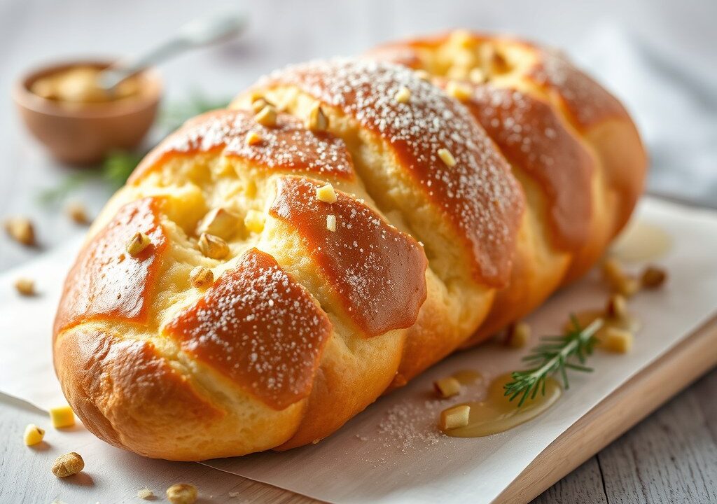 Brioche met perzik en Philadelphia, AI-gegenereerde illustratie