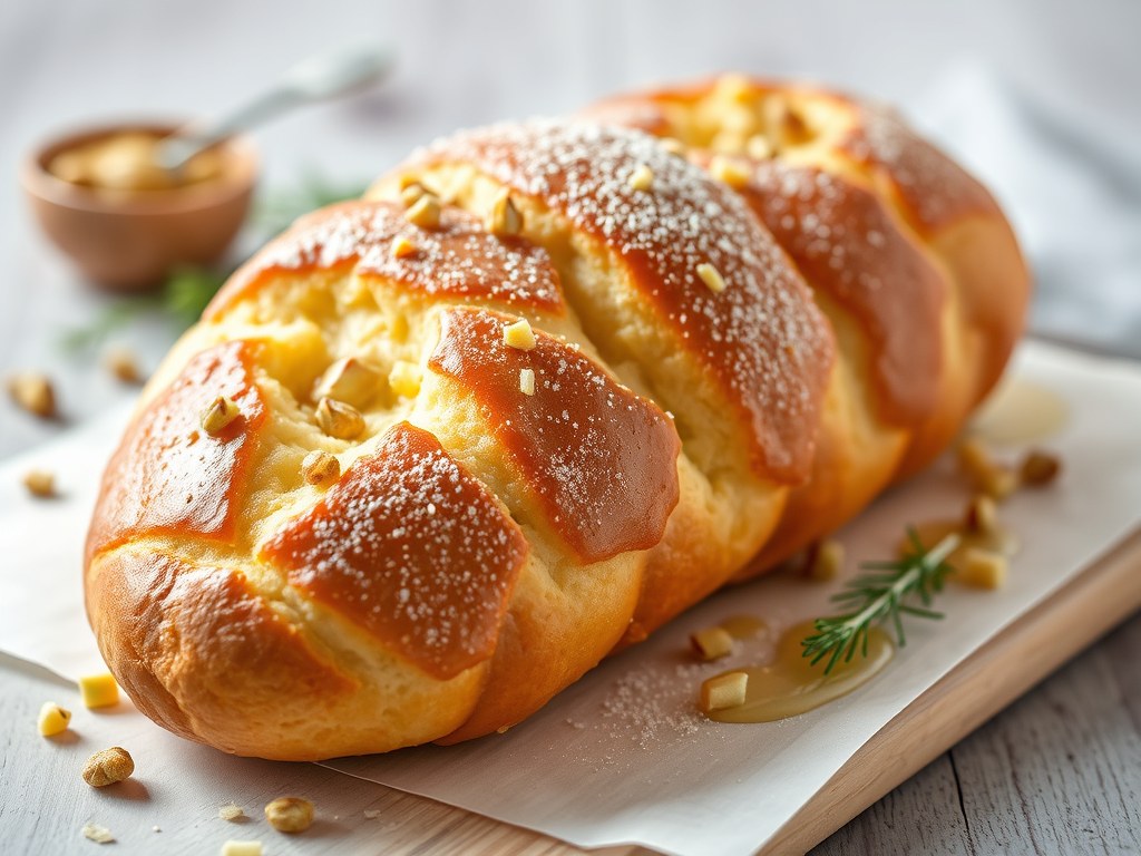 Brioche met perzik en Philadelphia, AI-gegenereerde illustratie