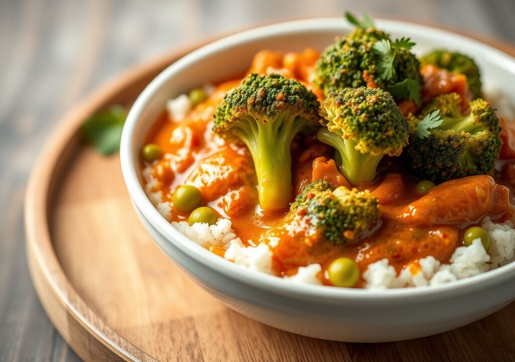 Broccoli in rode Curry, AI-gegenereerde illustratie