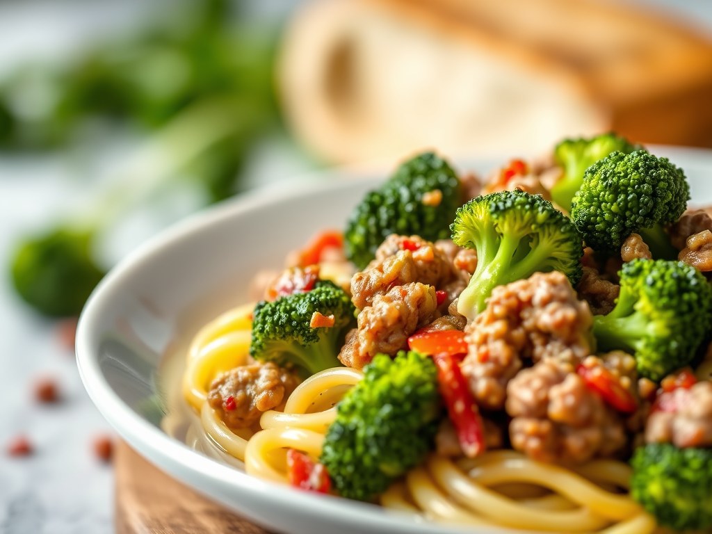 Broccoli met gehakt en room-tuinkruiden, AI-gegenereerde illustratie