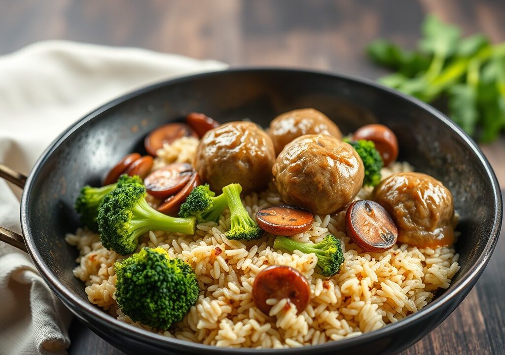 Broccolirijst met gehaktballetjes in champignonsaus — AI-gegenereerde illustratie
