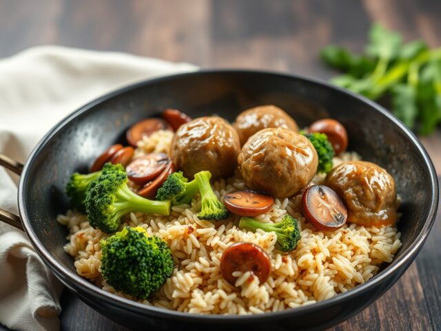 Broccolirijst met gehaktballetjes in champignonsaus — AI-gegenereerde illustratie