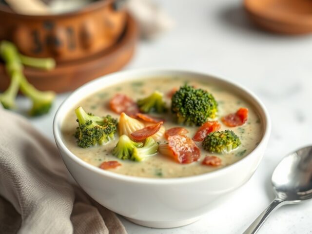 Broccoliroomsoep met pancetta — AI-gegenereerde illustratie