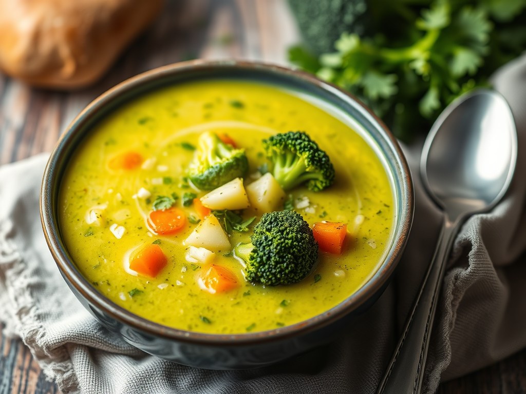 Broccolisoep met blauwe kaas, AI-gegenereerde illustratie