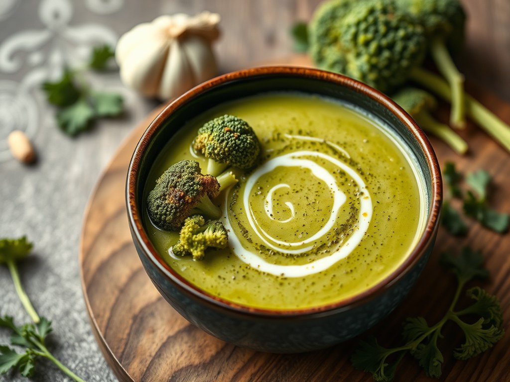 Broccolisoep met pesto en volkorentoast, AI-gegenereerde illustratie