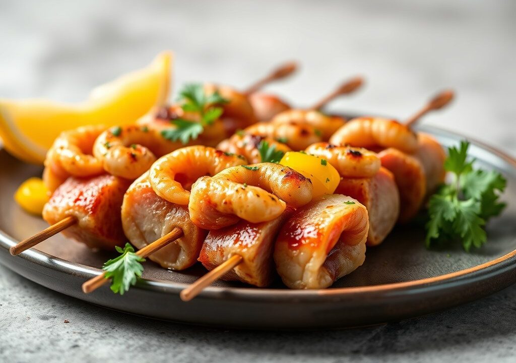 Brochette met scampi en tonijn, gemarineerd in curry, AI-gegenereerde illustratie