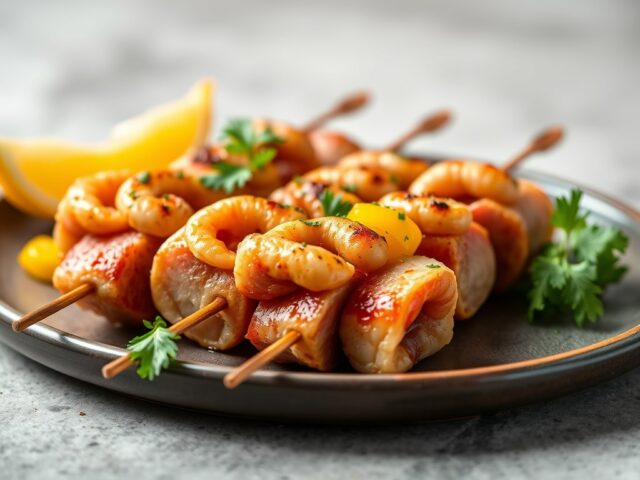 Brochette met scampi en tonijn, gemarineerd in curry — AI-gegenereerde illustratie
