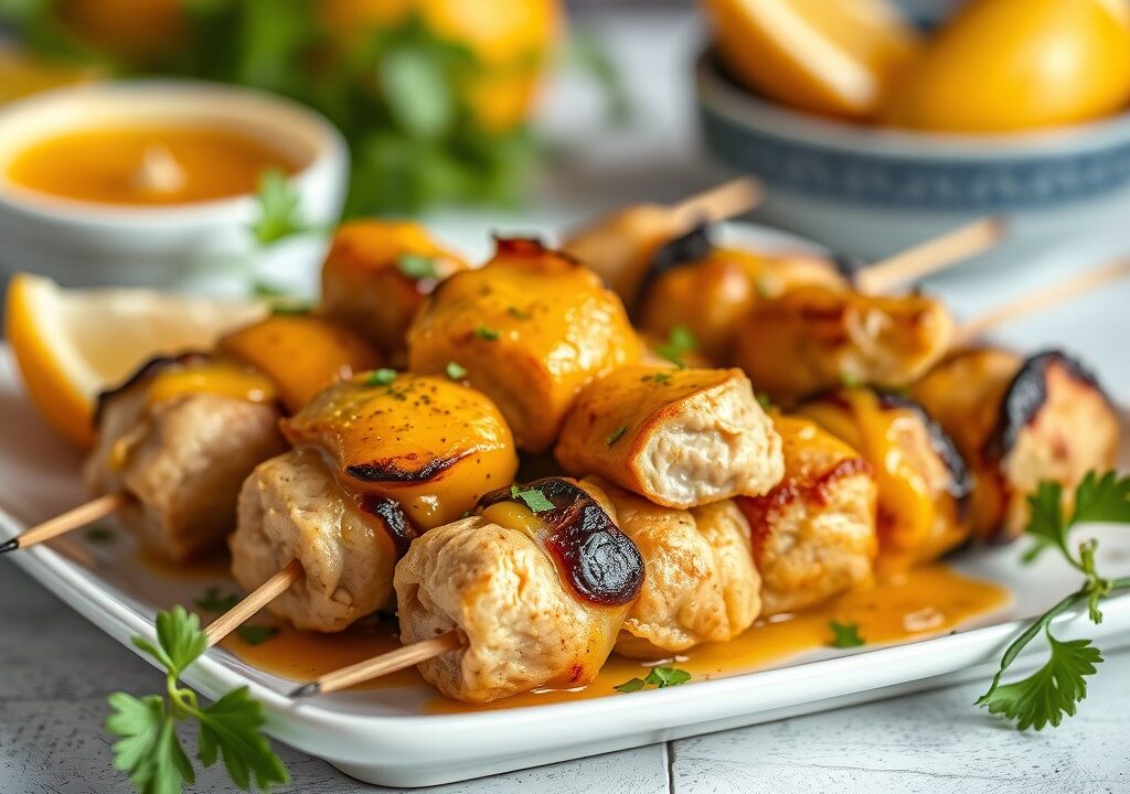 Brochettes met kip en sinaasappel, pindasaus — AI-gegenereerde illustratie