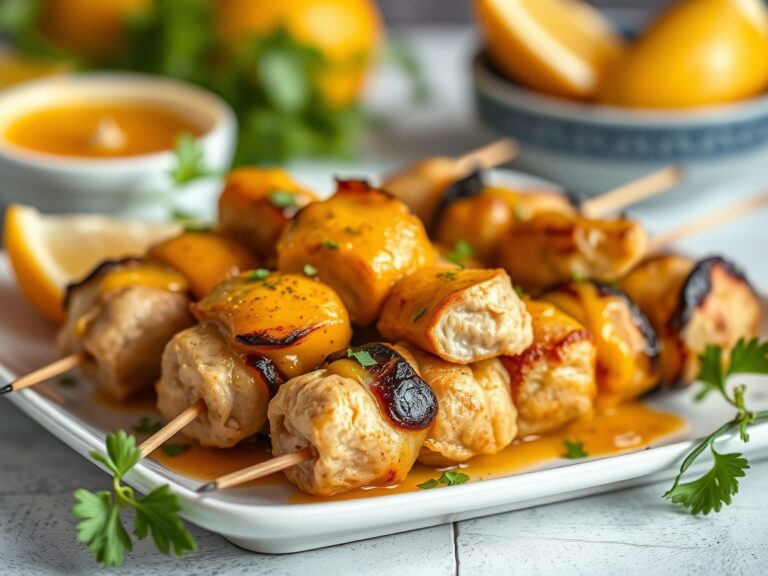 Brochettes met kip en sinaasappel, pindasaus — AI-gegenereerde illustratie