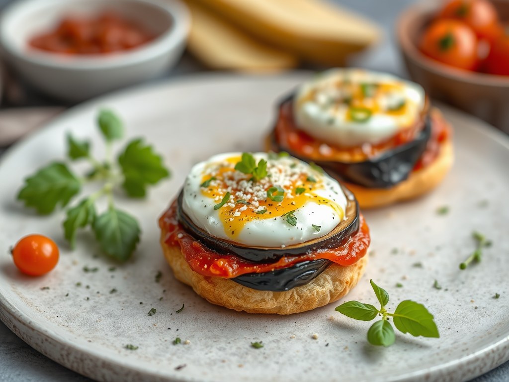 Broodje – Aubergine – Geitenkaas met Tomatensaus, AI-gegenereerde illustratie