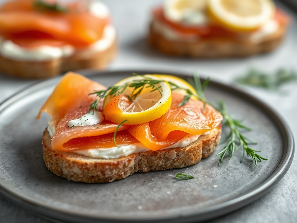 Broodje gerookte zalm met citroen geitenkaas, dille en kappertje, AI-gegenereerde illustratie