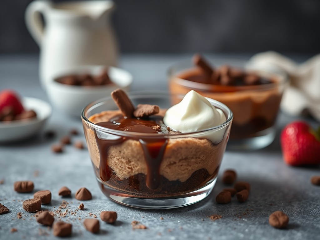 Broodpudding met chocolade, AI-gegenereerde illustratie