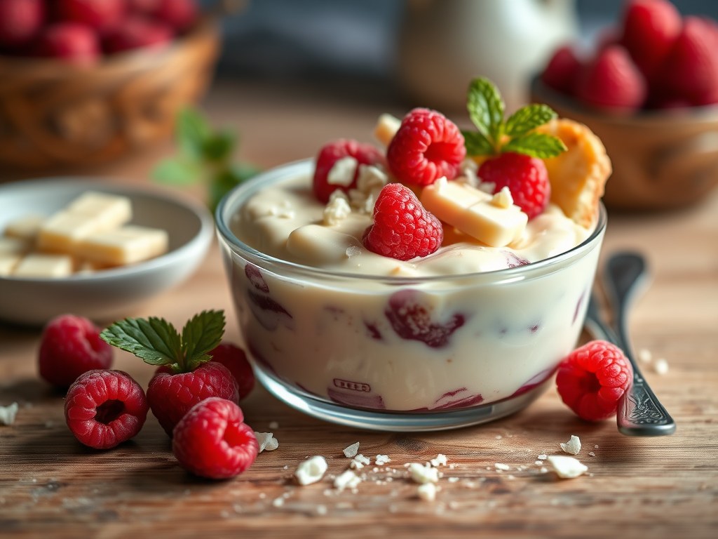 Broodpudding met witte chocolade en frambozen, AI-gegenereerde illustratie