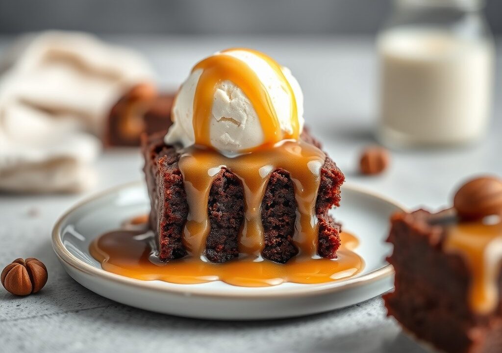 Brownies met ijs en karamelsaus — AI-gegenereerde illustratie