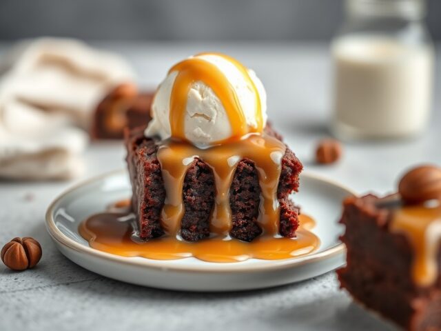 Brownies met ijs en karamelsaus — AI-gegenereerde illustratie